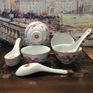 Golden China CYH ~ R.O.C. Vintage Bowl & Spoon Set (6) with Pink Dragon Symbols